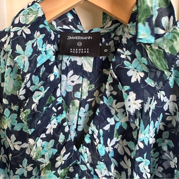 Zimmermann Womens 0 XS/S 100% Silk Floral Print Blouse Tank Ruffle Tie Neck Blue - Picture 6 of 7
